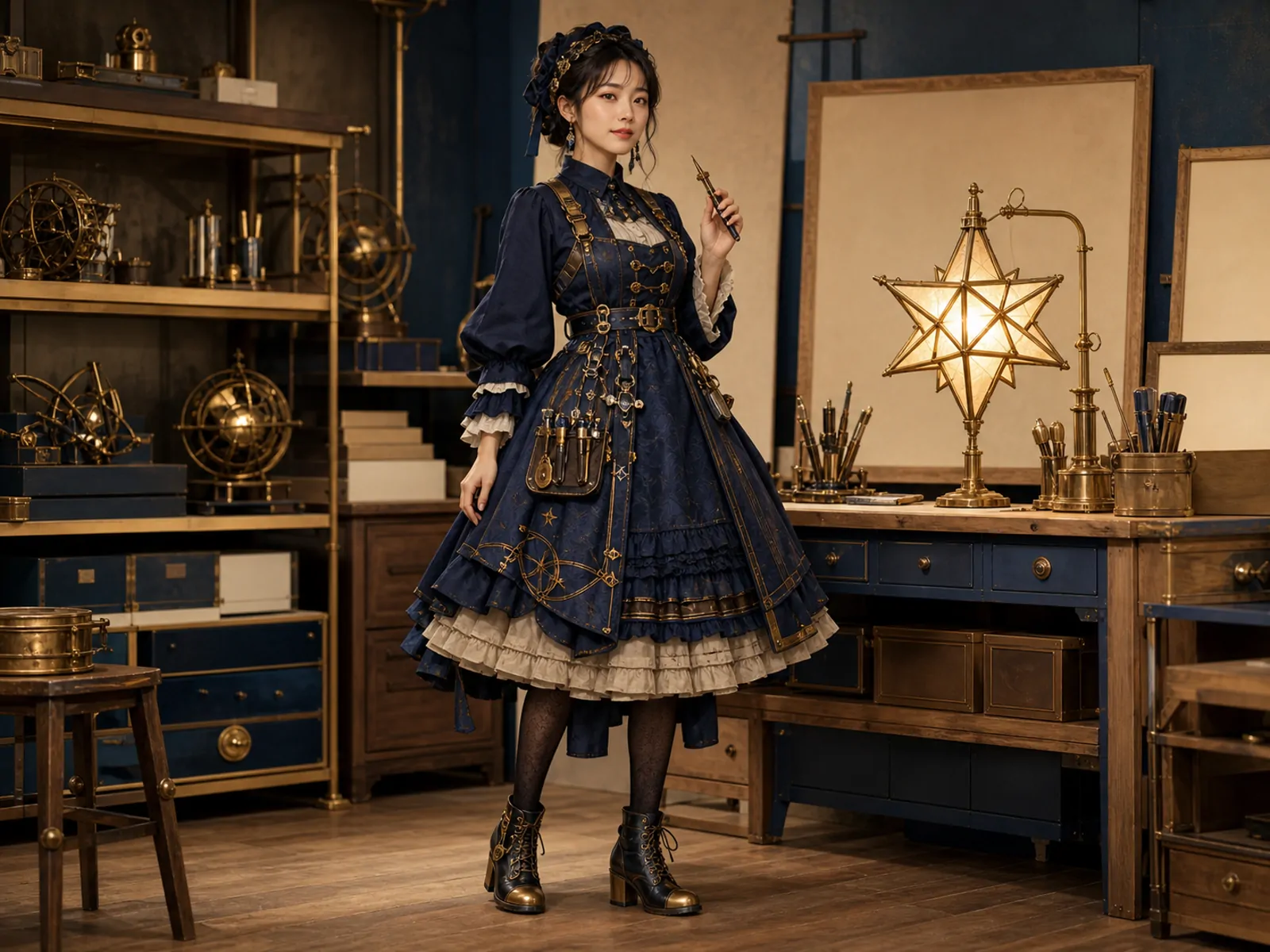 27岁成年工艺工程师星灯机械师身着靛蓝与黄铜色叠层工作服,站在有星形灯与精密工具的整洁工坊中。